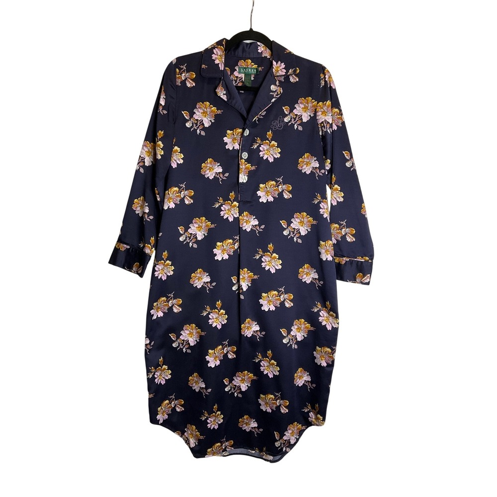 Vtg Lauren Ralph Lauren Floral Collared 3/4 Button Front Sleep Dress Nightgown S